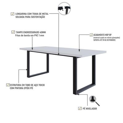 Mesa De Jantar Queens R 200x90x77cm Qemj9200r Branco Tx - Est.preta Branco Tx/est.preta