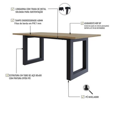 Mesa De Jantar Bronx R 180x90x77cm Brmj9180r Vermont Oak - Est.preta Vermont Oak/est.preta