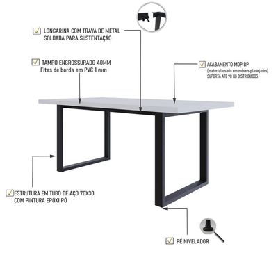 Mesa De Jantar Queens R 180x90x77cm Qemj9180r Branco Tx - Est.preta Branco Tx/est.preta