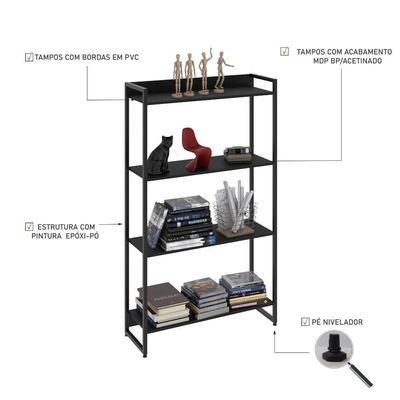 Estante Dynamica 80x30x146cm C/04 Prateleiras Preto ônix / Est.preta Preto ônix / Est.preta