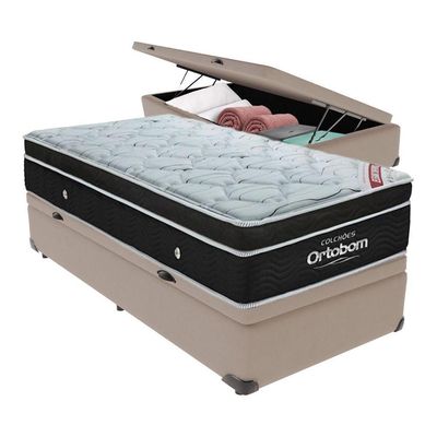 Cama Box Baú Solteiro Colchão Ortobom Elegant Mola Ensacada Bege
