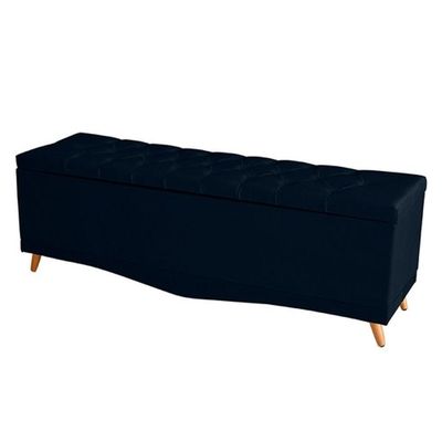 Kit Cabeceira De Cama E Calçadeira Baú Barcelona Capitonê Casal 140 Cm Suede Azul Marinho Casa Móveis E Decoração