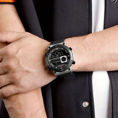 Relógio Esportivo Digital Masculino Pulseira De Silicone Texturizada Impermeavel Prata Preto