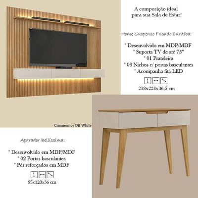 Home Suspenso Frisado Curitiba 224 Com Led E Aparador Bellíssima Cinamomo Off White - Valdemóveis