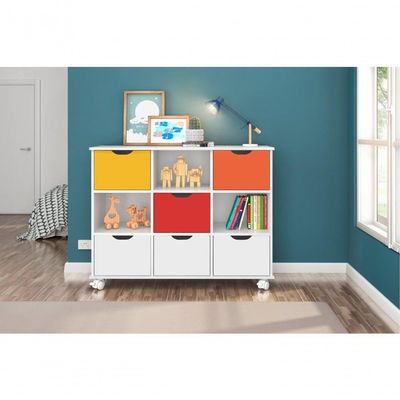 Conjunto Nicho Organizador Zuri 9 Espaços Com Rodízios Branco + Kit 3 Gavetas Brancas + Kit 3 Gavetas Coloridas
