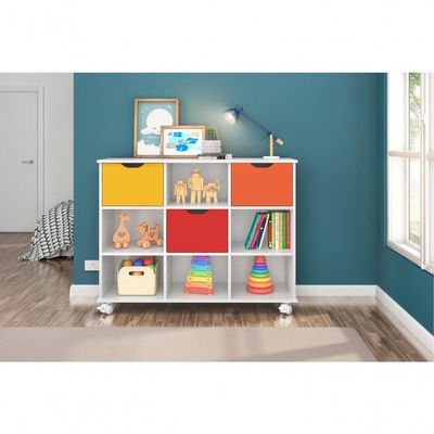 Conjunto Nicho Organizador Zuri 9 Espaços Com Rodízios Branco + Kit 3 Gavetas Coloridas
