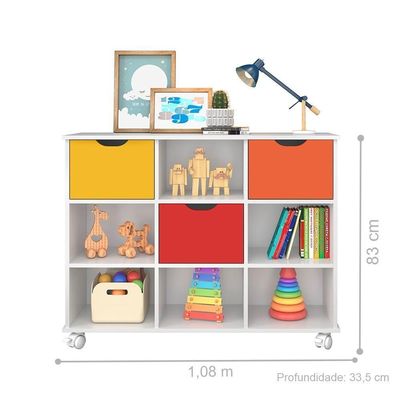 Conjunto Nicho Organizador Zuri 9 Espaços Com Rodízios Branco + Kit 3 Gavetas Coloridas
