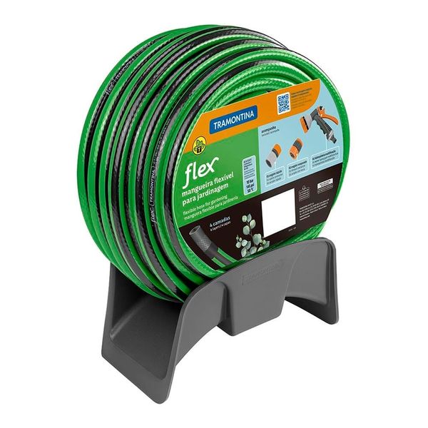 Mangueira Tramontina Flex para Jardim em PVC 4 Camadas, Engate Rosqueado, Esguicho e Suporte 20 Metros Verde e Preto