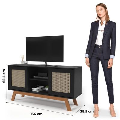 Rack Buffet Com Duas Porta De Correr Rattan Pés Em Madeira Preto - Ofertamo