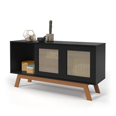 Rack Buffet Com Duas Porta De Correr Rattan Pés Em Madeira Preto - Ofertamo