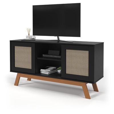 Rack Buffet Com Duas Porta De Correr Rattan Pés Em Madeira Preto - Ofertamo