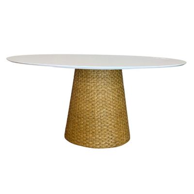 Mesa De Jantar Cone Oval 160x90 Cm Tampo Laca Branca Base Fibra Natural Cor Marrom
