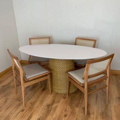 Mesa De Jantar Cone Oval 160x90 Cm Tampo Laca Branca Base Fibra Natural Cor Marrom