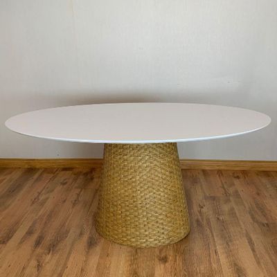 Mesa De Jantar Cone Oval 160x90 Cm Tampo Laca Branca Base Fibra Natural Cor Marrom