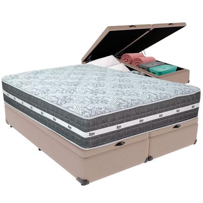 Cama Box Baú Bege E Colchão Black Graphite Molas Ensacadas Queen 158x198x27