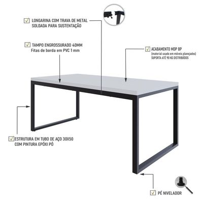 Mesa De Jantar Yon 180 X 90 X 76 Cm Branco Tx/est.preta Branco Tx/est.preta