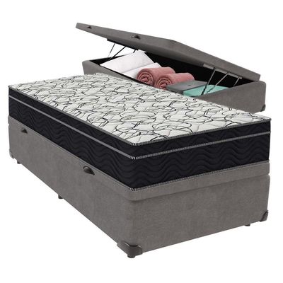Conjunto Solteiro Cama Bege Box Colchão Extra Firme Ortobom Cinza