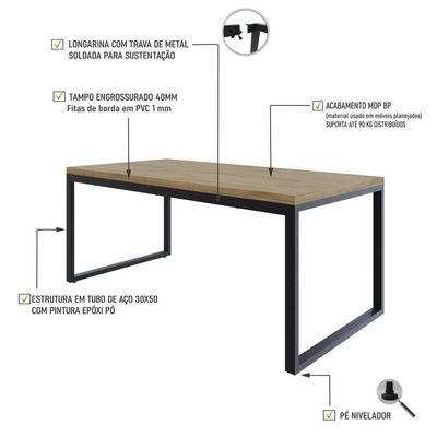 Mesa De Jantar Yon 180 X 90 X 76 Cm Vermont Oak/est.preta Vermont Oak/est.preta