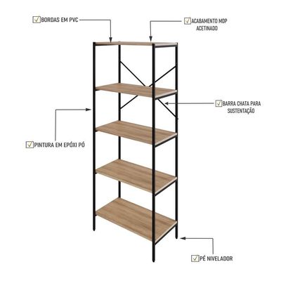 Estante C/05 Prateleiras 152x60x33cm Tub Tueh1565 Lâmina Mel - Est.preta Lâmina Mel / Est.preta