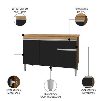 Balcão De Cozinha 120cm Tatiane 3 Portas 1 Gaveta Com Tampo Amêndoa/Preto
