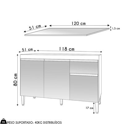Balcão De Cozinha 120cm Tatiane 3 Portas 1 Gaveta Com Tampo Amêndoa/Preto