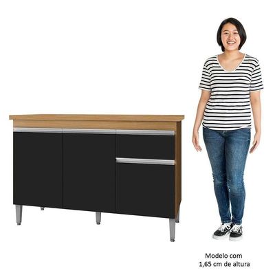 Balcão De Cozinha 120cm Tatiane 3 Portas 1 Gaveta Com Tampo Amêndoa/Preto