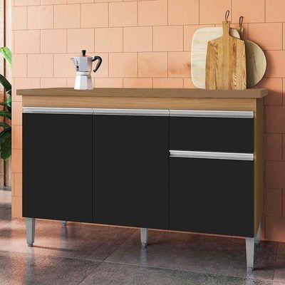 Balcão De Cozinha 120cm Tatiane 3 Portas 1 Gaveta Com Tampo Amêndoa/Preto