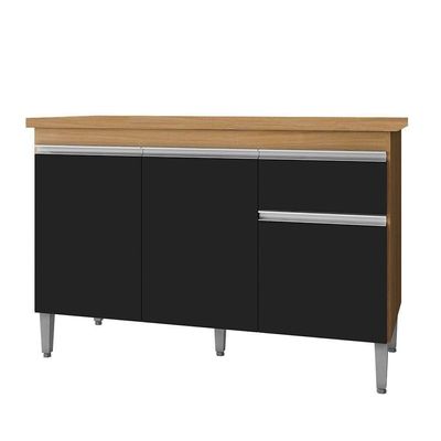 Balcão De Cozinha 120cm Tatiane 3 Portas 1 Gaveta Com Tampo Amêndoa/Preto