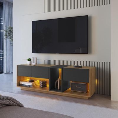 Rack para Tv até 55 Polegadas com 3 Gavetas e 1 Nicho com Iluminação em Led RGB RA8036 Mel e Grafite