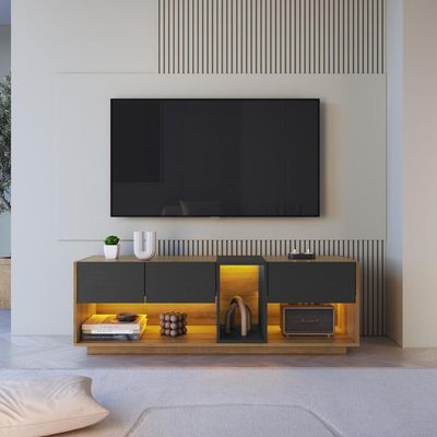Rack para Tv até 55 Polegadas com 3 Gavetas e 1 Nicho com Iluminação em Led RGB RA8036 Mel e Grafite