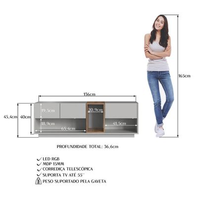 Rack para Tv até 55 Polegadas com 3 Gavetas e 1 Nicho com Iluminação em Led RGB RA8036 Mel e Arenas