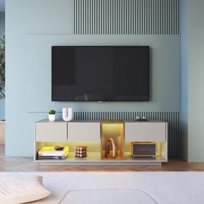Rack para Tv até 55 Polegadas com 3 Gavetas e 1 Nicho com Iluminação em Led RGB RA8036 Mel e Arenas