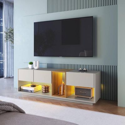 Rack para Tv até 55 Polegadas com 3 Gavetas e 1 Nicho com Iluminação em Led RGB RA8036 Mel e Arenas