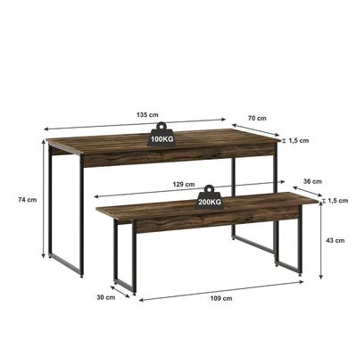 Mesa De Jantar Com 2 Bancos Estilo Industrial Tub  Carvalho Dark / Est.preta