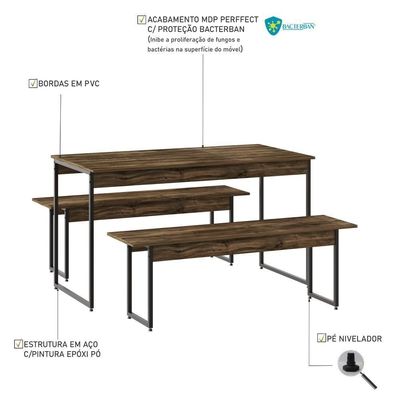 Mesa De Jantar Com 2 Bancos Estilo Industrial Tub  Carvalho Dark / Est.preta