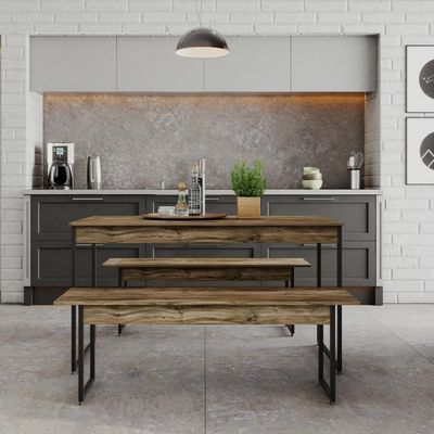 Mesa De Jantar Com 2 Bancos Estilo Industrial Tub  Carvalho Dark / Est.preta