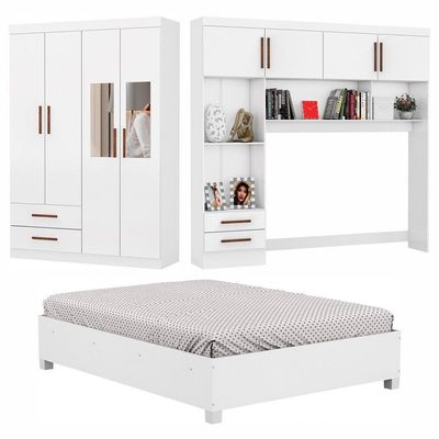 Guarda Roupa Casal Modulado 4 Portas com Cama Hercules 4 Portas e 4 Gavetas com Espelho Branco