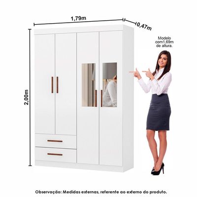 Guarda Roupa Casal Modulado 4 Portas com Cama Hercules 4 Portas e 4 Gavetas com Espelho Branco
