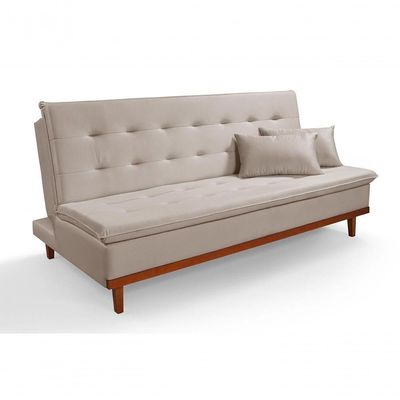 Sofá Cama Reclinável Santorini Veludo Confortável Base De Madeira Areia 162