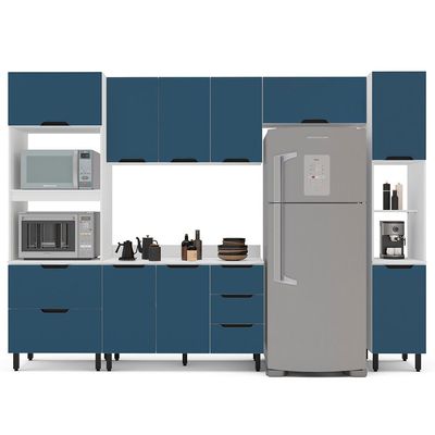 Cozinha Completa com Tampo e Paneleiro Meena 10 Portas 4 Gavetas Azul e Branca