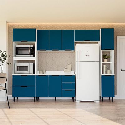 Cozinha Completa com Tampo e Paneleiro Meena 10 Portas 4 Gavetas Azul e Branca