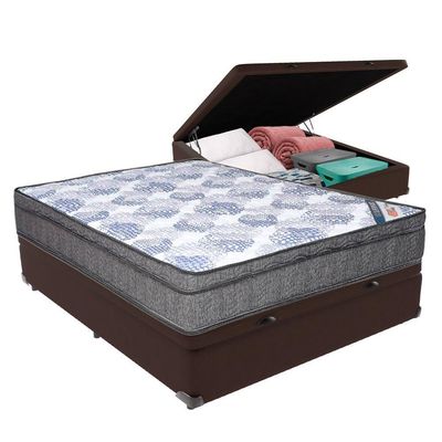 Cama Box Casal Baú Bege Colchão Ortobom Superpocket Pillow Marrom