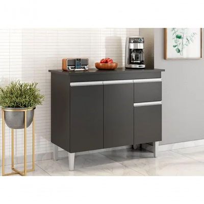 Balcão De Cozinha Tatiane 100cm 3 Portas 1 Gaveta Com Tampo Preto