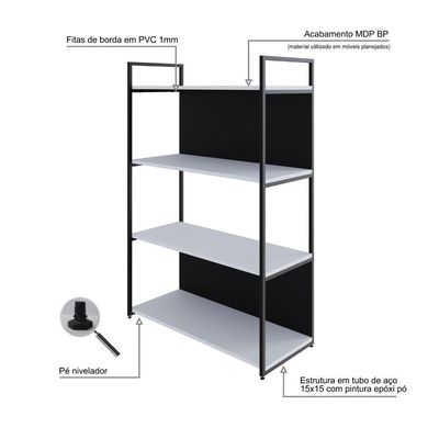 Estante C/04 Prateleiras 118x80x33cm C/fundo Yon Branco Tx/est.preta Branco Tx/est.preta