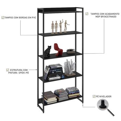 Estante Dynamica 80x30x187cm C/05 Prateleiras Preto ônix / Est.preta Preto ônix / Est.preta