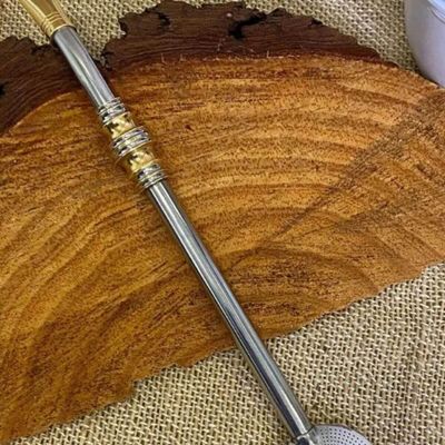 Bomba de Chimarrão Inox 24cm com Anel Trabalhado Bojo Mil Furos Escovinha Bortonaggio