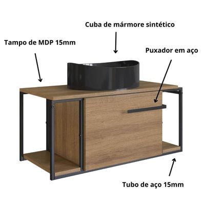 Gabinete Suspenso Para Banheiro 80cm P1019 Mel com Cuba Berlin Preta