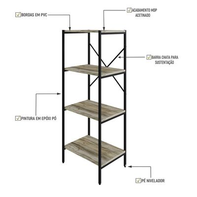 Estante C/04 Prateleiras 118x45x33cm Tub Tueh1144 Carvalho - Est.preta Carvalho / Est.preta