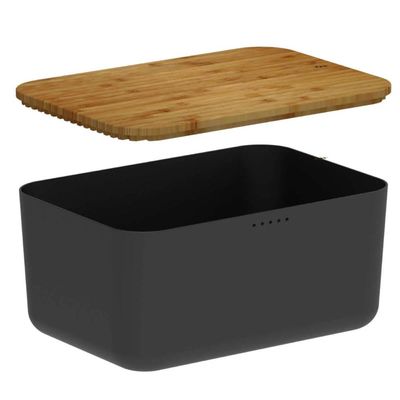 Porta Pães com Tampa Migalheira Bambu 33cm Cesto Preto Organizador Bolos Biscoitos Ou