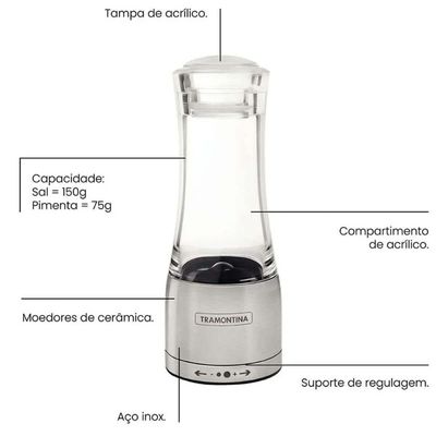 Kit 2 Moedores de Sal Pimenta Tramontina Inox com Moinho Cerâmica Realce